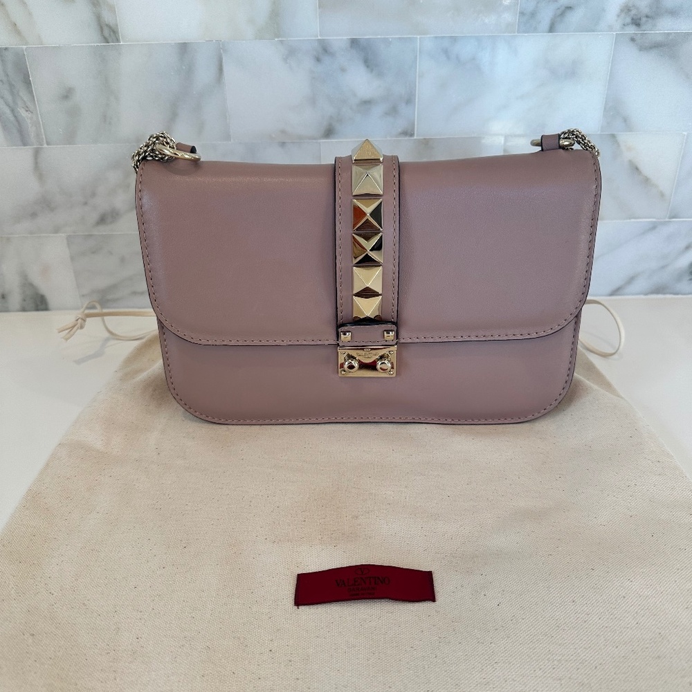 Valentino Medium Glamlock Shoulder Bag Nude/Blush Removable Strap